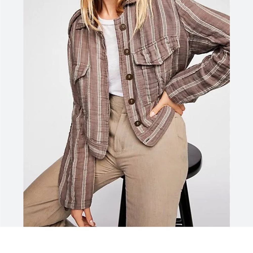 Free People Brown Striped Button-Up Crop Jacket